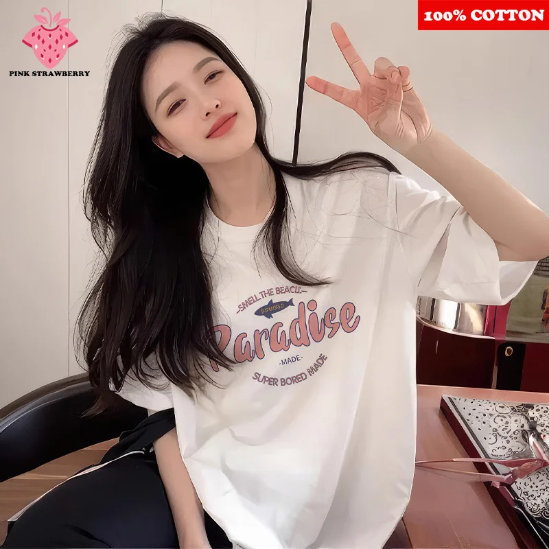 

Korean style Street Letter Print T-shirt Women Summer 2025 New 100% Cotton Short sleeves T-shirt Y2k Tops Youth Female clothing