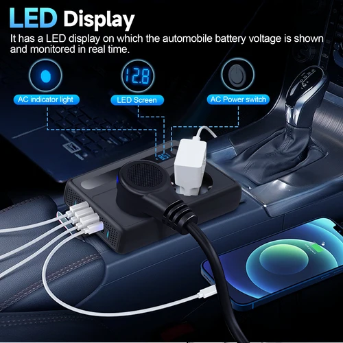 Imagen 2 del producto Inversor convertidor de voltaje para coche de 200 W con 2 enchufes y 4 puertos USB cargador de coche de carga rápida con enchufe de encendedor de cigarrillos