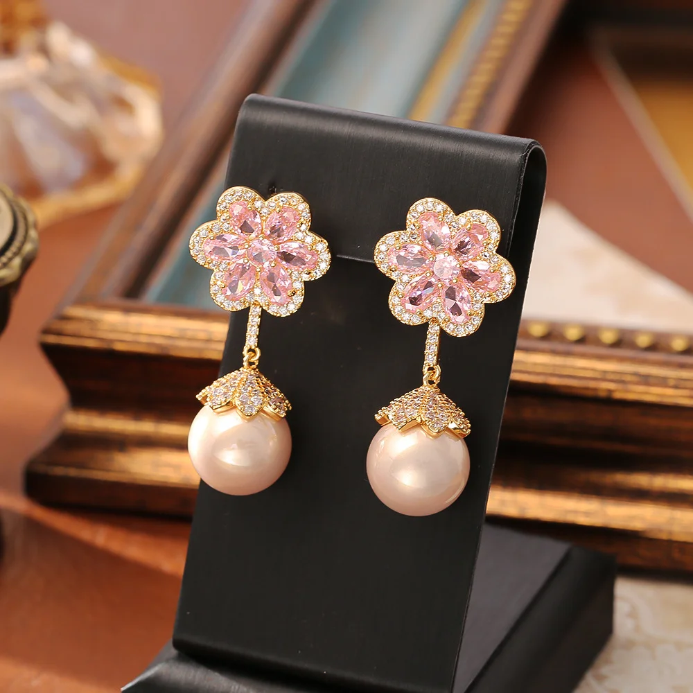 

Light luxury fashionable pink zircon pearl earrings exquisite long elegant earrings women's sweet earrings