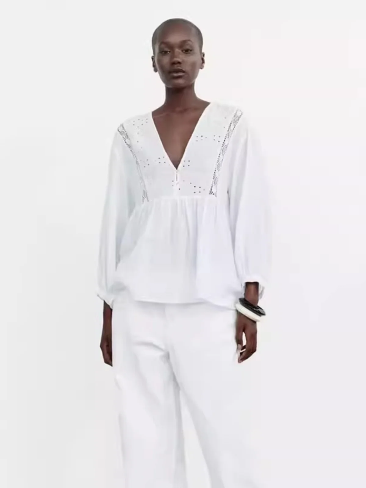 

New Summer Women's Casual irt Embroidered Vertical Ruffle Decoration Loose Fit Long Sve V-Ne Regular Length Pure Color