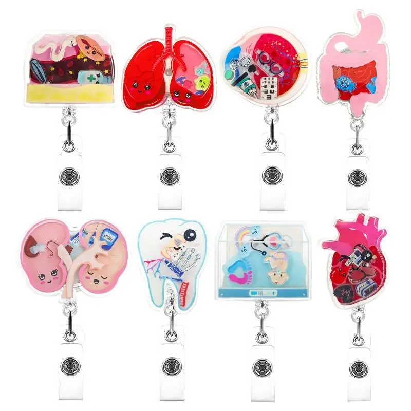 Shake Flowing Sand Acrylic Badge Holder Clear ID Card Holder with Retractable Reel for School Students Office Workers