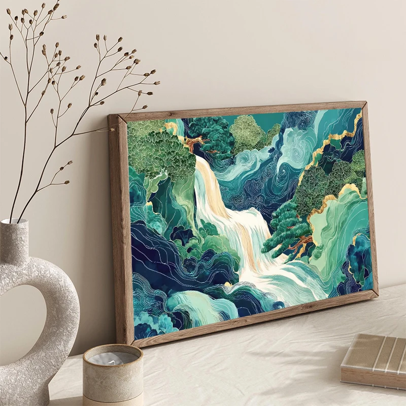 日本の青緑の滝山森林北斎絵画キャンバスプリントポスターリビン - Home Decor Vietnam のレビューと価格
