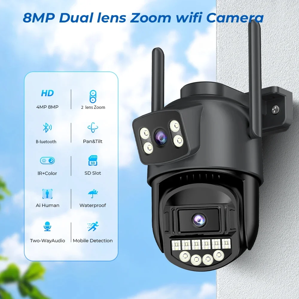 4K 8MP PTZ WiFi Camera Dual Lens Dual Screen IP Outdoor Security CCTV Surveillance with Auto Tracking ICSee