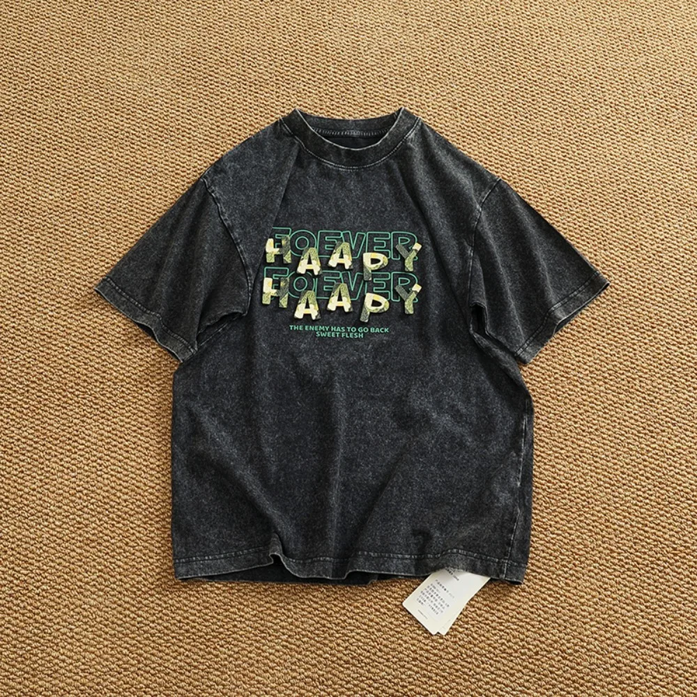 Letter printing summer fashion Europe and the United States men's short sleeve T-shirt heavy to do old wash half sleeve T