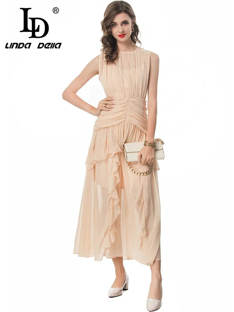 

LD LINDA DELLA Fashion Designer Summer Dress Women's Vintage Solid Color Temperament Chiffon Ruched Ruffles Sleeveless Dresses