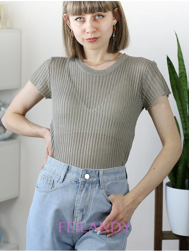 Feilandy 100% Wool Chic White Elegant Striped See Through Women Tops Outfits Short Sleeve T-Shirts Skinny Club Solid Casual Tees