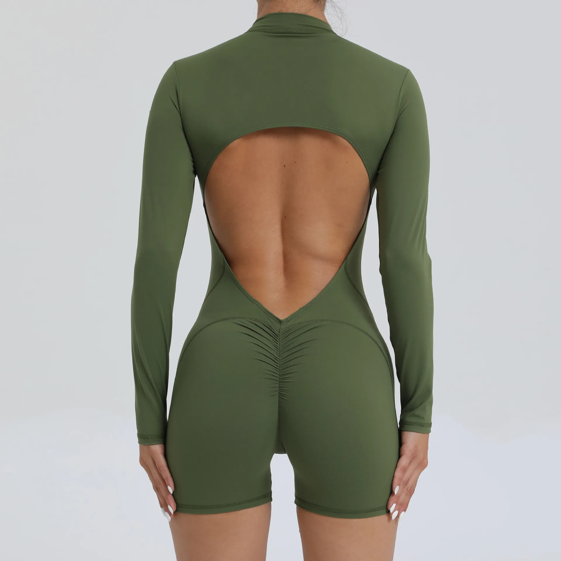 2024 Pad Zipper Long Sleeve Yoga Set Women One Piece Jumpsuit Gym Workout Shorts Fitness Stretch Bodysuit Sports Athletic Suit