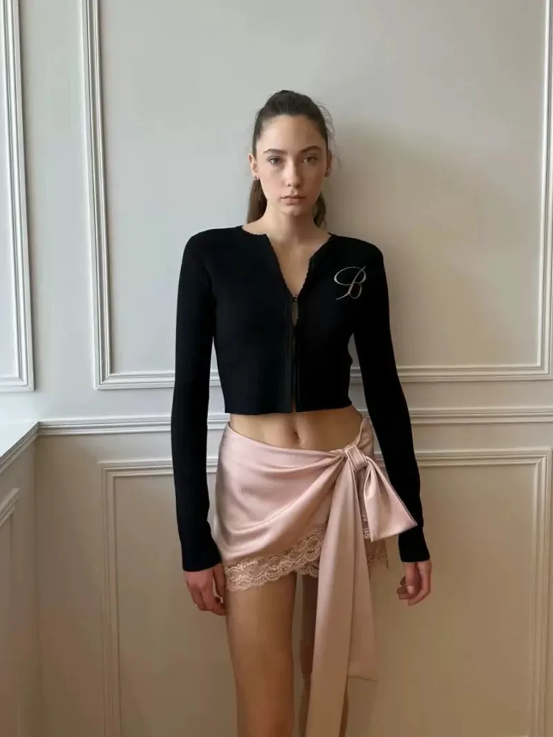 Hottie Bow Ribbon Satin Patchwork Lace Skirt 2025 Summer New Chic Pink Asymmetrical Design Y2K Mini Skirt Ladies Stylish Outfits