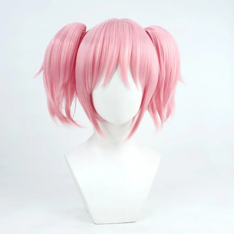 Puella Magi Madoka Magica Madoka Kaname Cosplay Wig Pink Pendek 2 Klip Ekor Kuda Sintetis Tahan Panas Rambut Wig