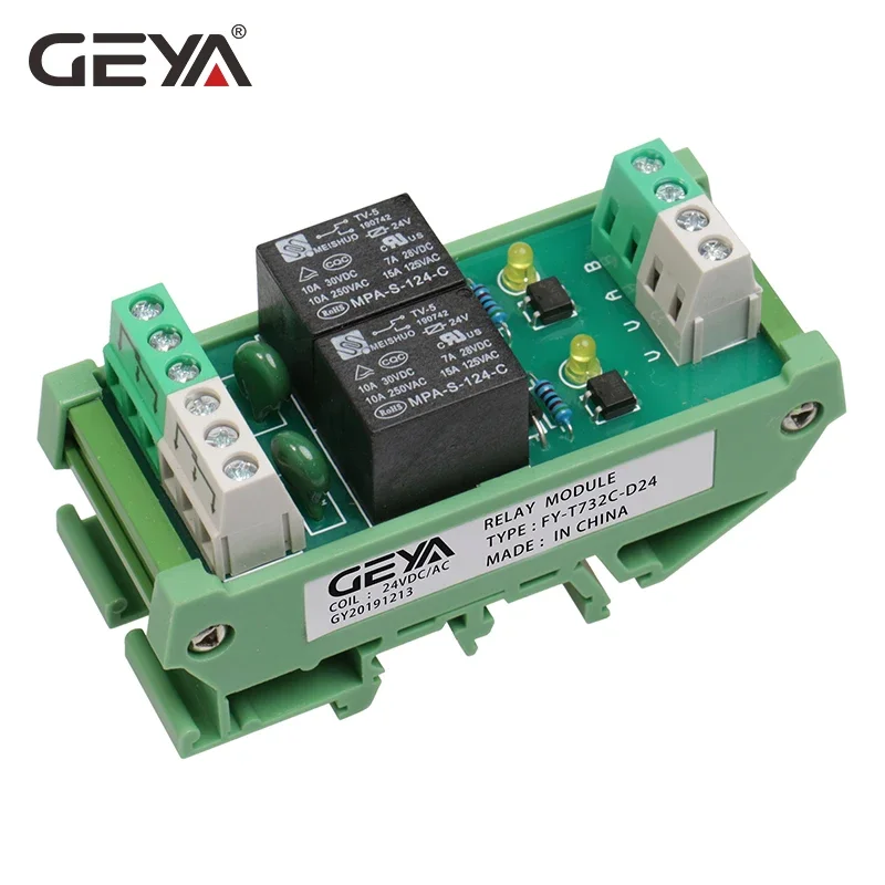 GEYA Din Rail Mounted 2 Channel Relay Module DC 24V 12V 230VAC Intermediate Power Relay Control Module 5VDC