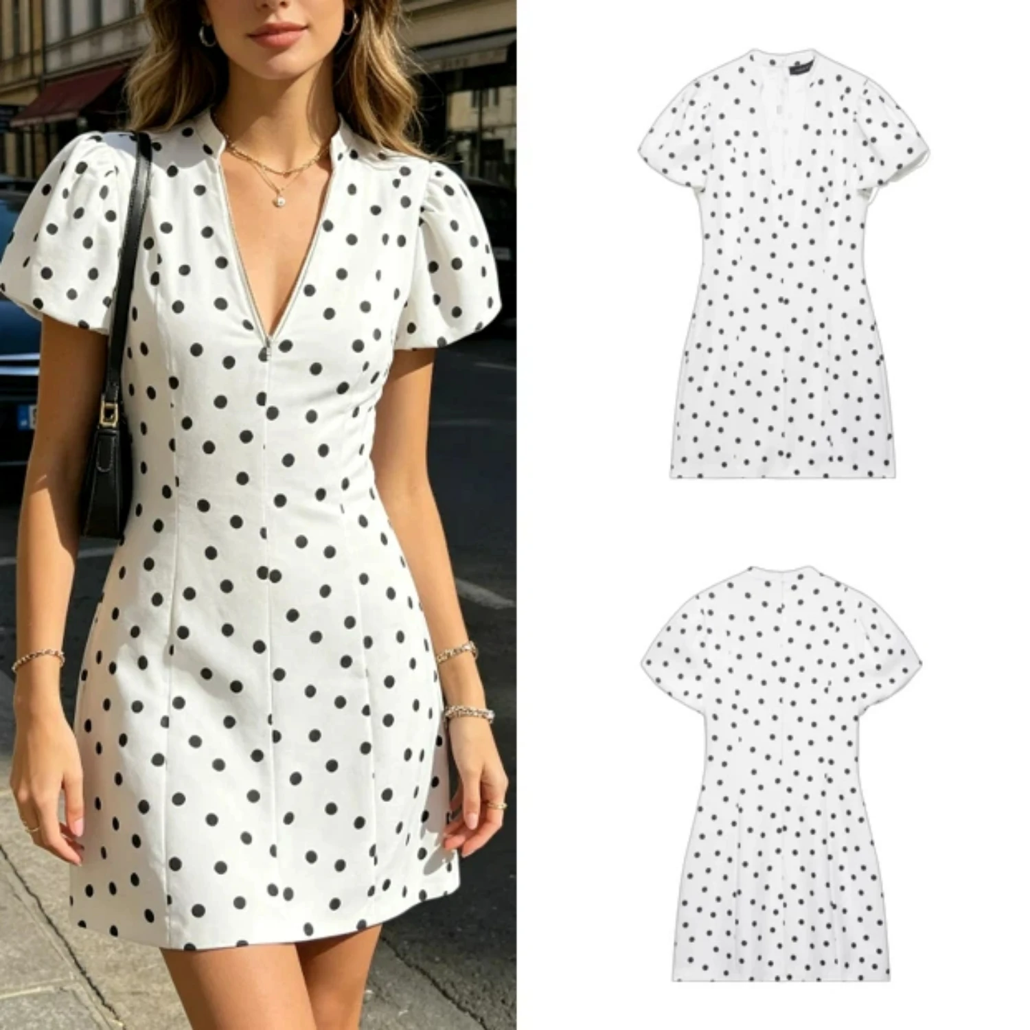 Vestido Mini Moderno con Cuello en V y Estampado de Puntos para Mujer, Verano 2026, Corte Ajustado, Elegante, para Fiesta, Vacaciones, Juvenil y Chic