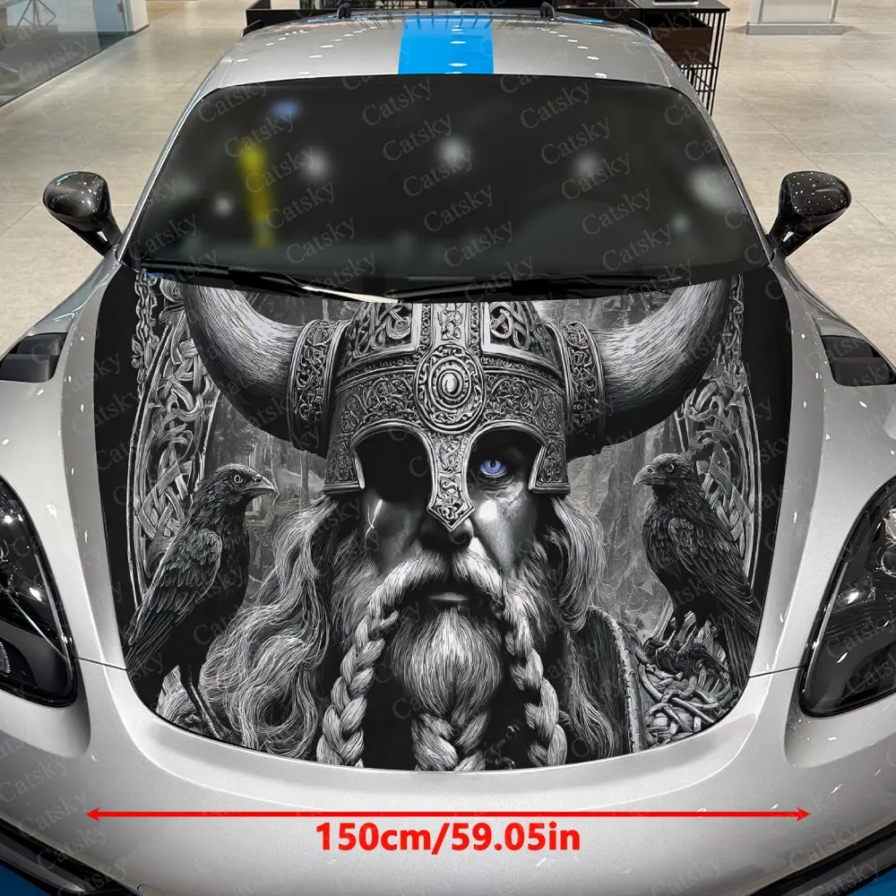 Nordic Horned Helmet Figure with Ravens Car Vinyl Wrap, PVC Waterproof Car Hood Sticker, Self-Adhesive Scratch-Resistant Sticker - view 2