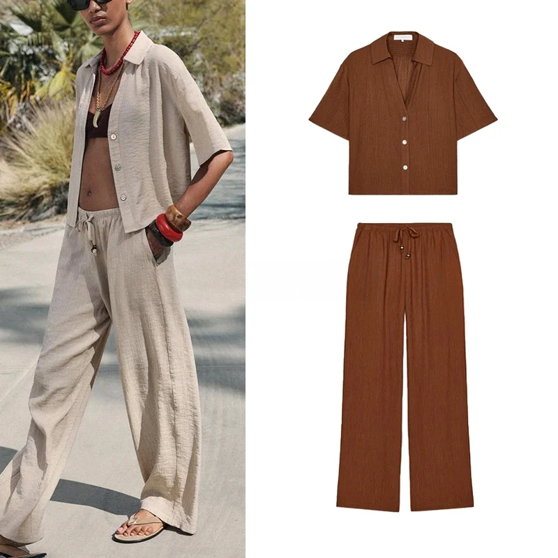 

Simple Honeycomb Pattern ort Sve Collar irt High Waist Elastic Waist Wide Leg Pants Faionable Two-Piece Set for...