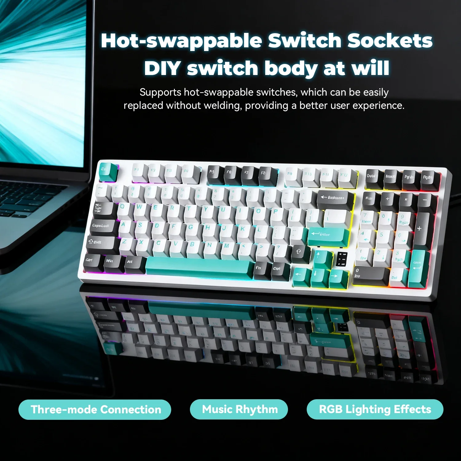 

Wireless Mechanical Gaming Keyboard 98 Keys Hot-Swappable, RGB Backlit Tri-Mode with PBT Keycaps for Windows/Mac