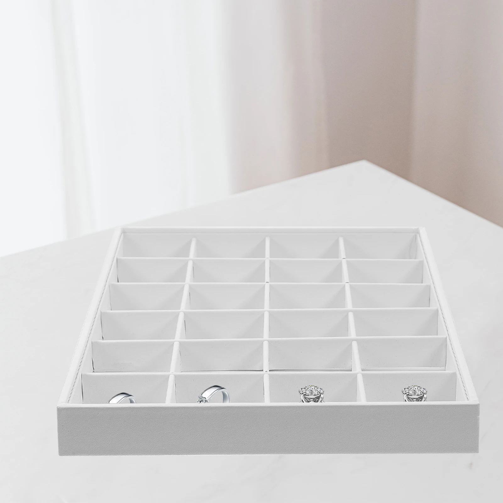 

Jewelry Storage ganizer White PU Tray for Drawers Compartment Ring Holder Display Case Thin Stackable Space Saving Home