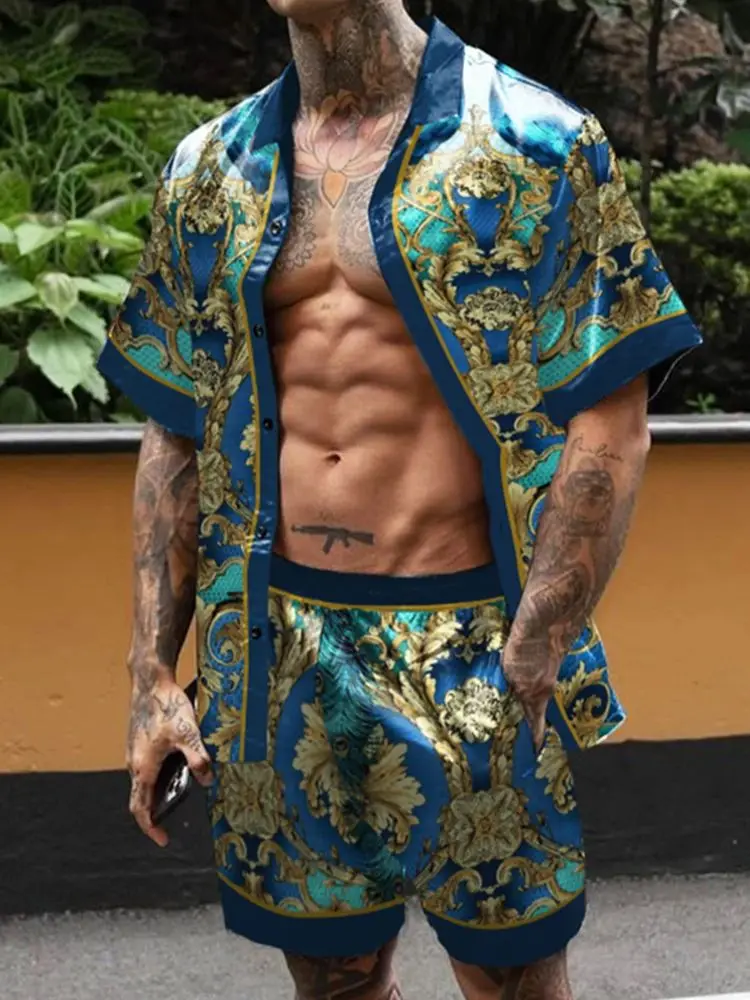 Hot Hawaii Set Herren Druckset Kurzarm Sommer lässig Blumen hemd Strand zweiteiligen Anzug neue Mode Herren Sets – Detail 2