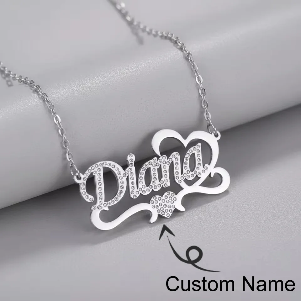 

Personalized 18K Gold Plated Custom Zircon Name with Heart Stainless Steel Necklace for Women Men Pendant Birthday Jewelry Gift