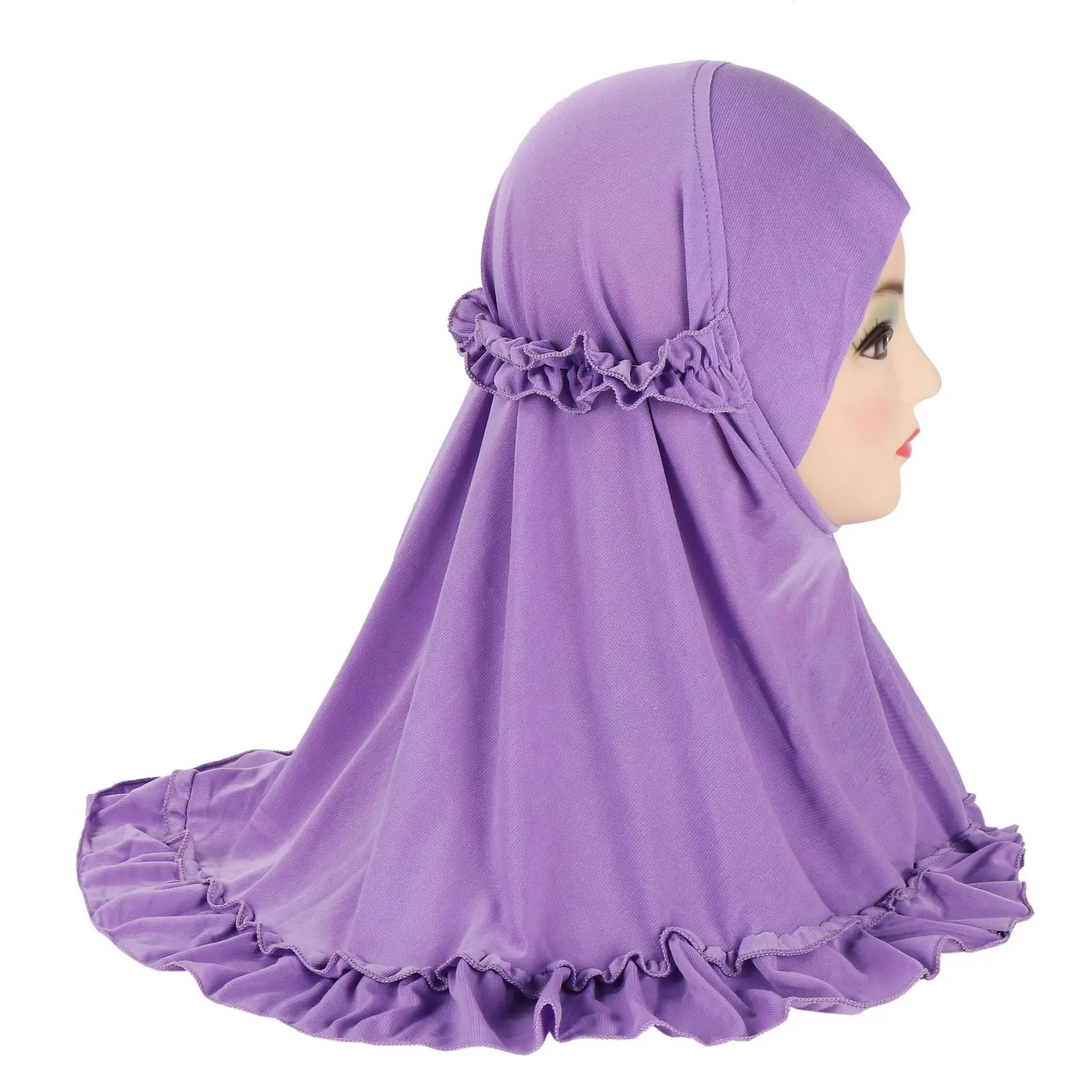 Ruffles Edge Amira untuk anak perempuan 2-6 tahun jilbab anak Muslim Pull On syal instan Turban Islam syal bungkus Arab Niqab topi