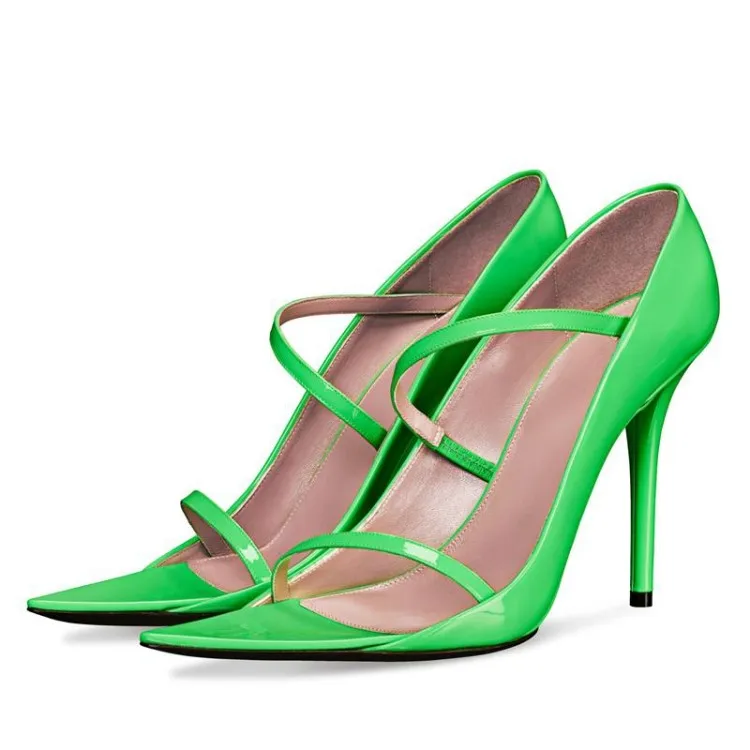

Spring Summer Women's Concise Green Strappy Pumps Pointed Open Toe Thin High Heels Shoes Office Ladies Runway Trending Sandals