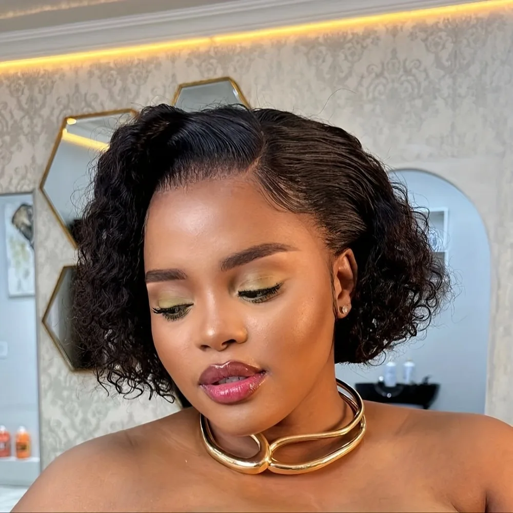 شعر ريمي بشري قصير مموج عميق شعر مستعار للنساء - كثافة 150% 8 بوصة مظهر طبيعي، لون 1B 13 × 4 شعر مستعار بدانتيل أمامي #5