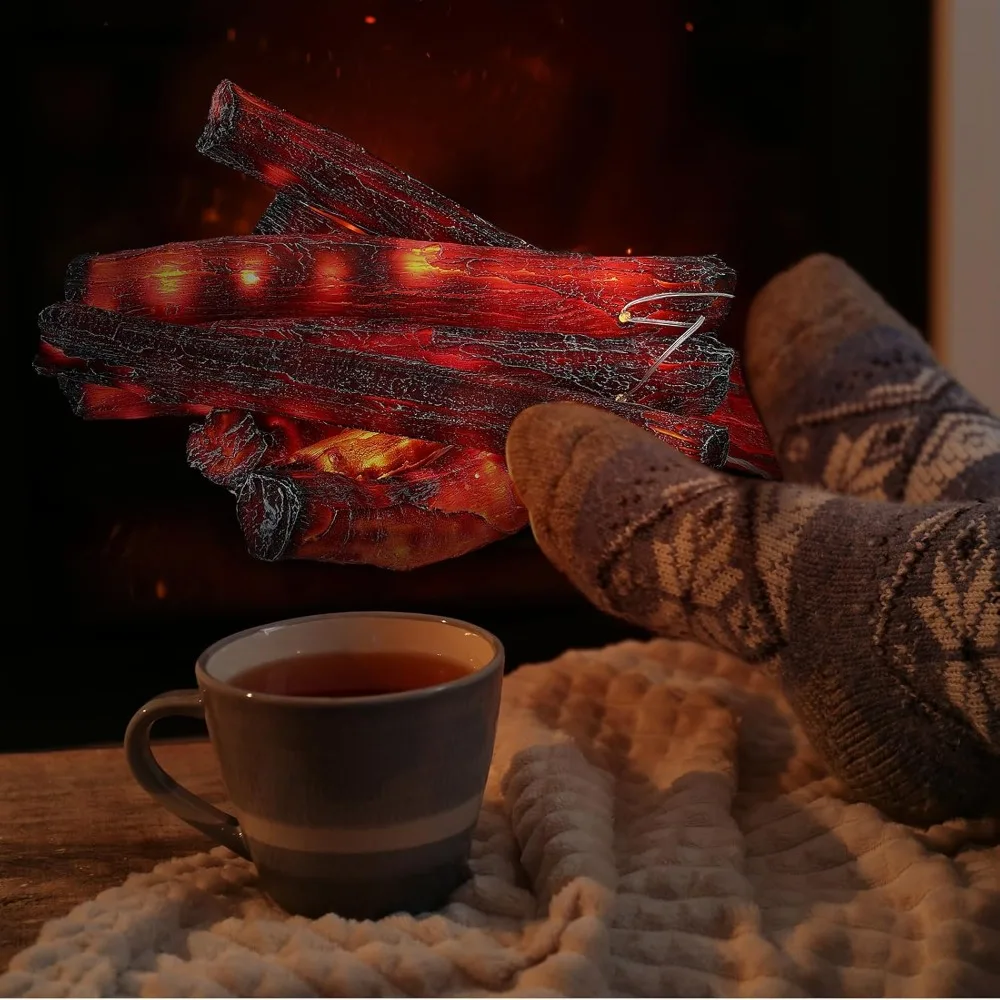 مجموعة مصابيح سجل الحريق LED المحمولة - 10 قطع 8.7 × 16 مدفأة وهمية تعمل بالبطارية للديكور الداخلي والخارجي