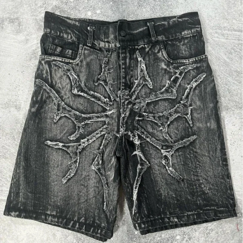 Baggy denim shorts mens y2k old washed personalized basketball short Spider web geometric pattern embroidery high quality design