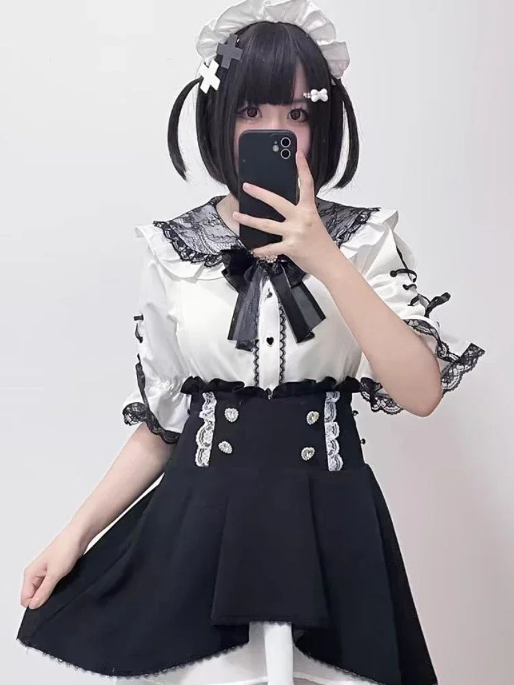 Japanese Kawaii Girl Lolita Flare Sleeve Shirt Y2k Aesthetic Summer Lace Patchwork Sweet Blouse Women Jk Bow Grunge Cute Tops