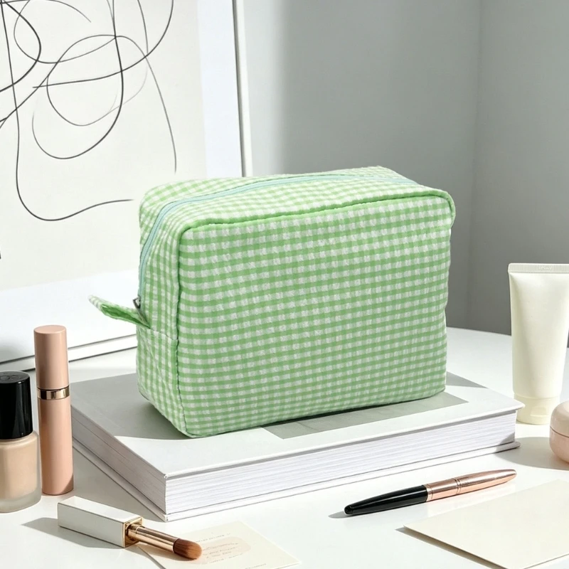 50LE Portable Toiletry Storage with Checkered Exterior, Soft Cosmetic Case for Makeup and Care Items