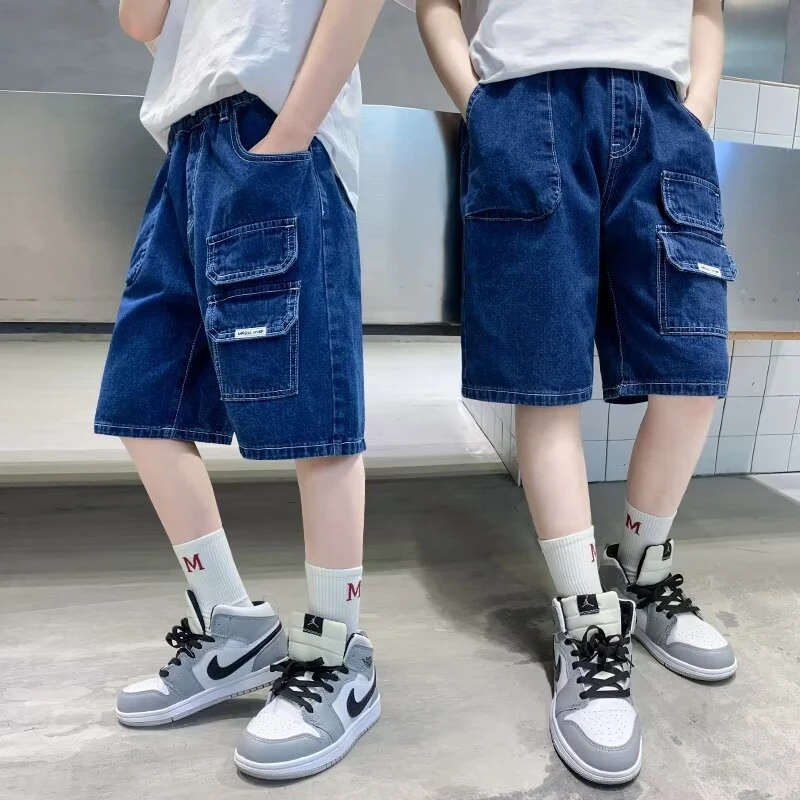 Boys Jeans Short Pants Leisure Sports Pocket Decoration Five-point Denim Trousers For Kid Sport Clothing Outwear