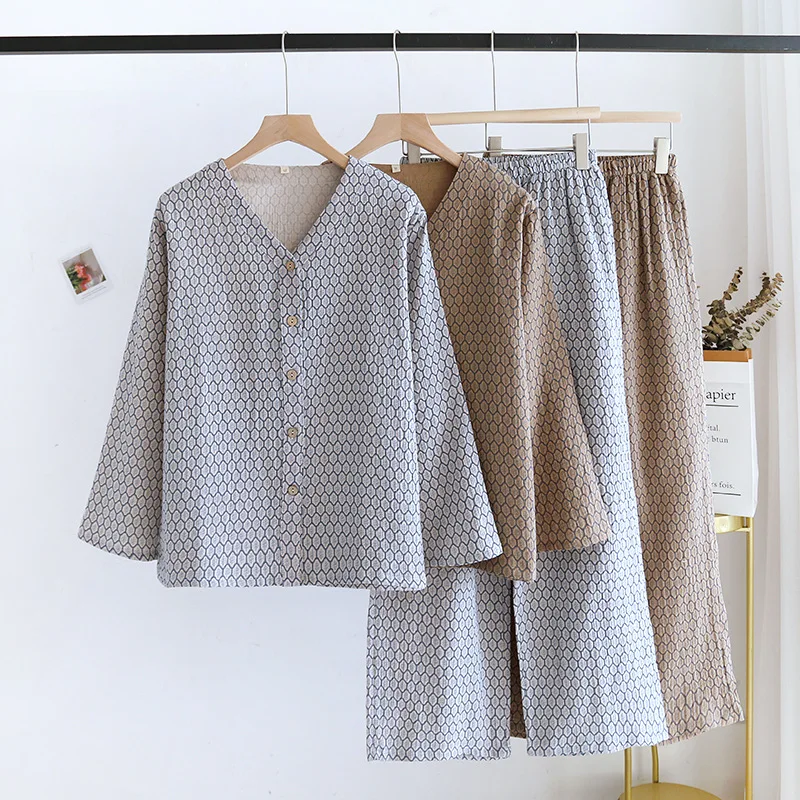 

Plain Women's Autumn Summer Thin Cotton Crepe Pajamas V-neck Loose Long-sleeved Trousers 2 PCS Loungewear Suit Outer Wear