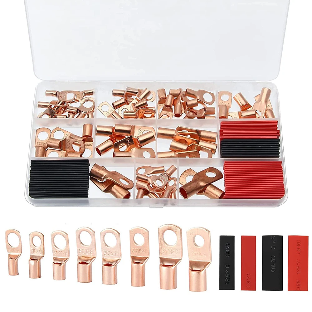 120Pcs copper wire lug with heat shrink kit, battery cable lug end ring terminal connector, with heat shrink tube assembly kit