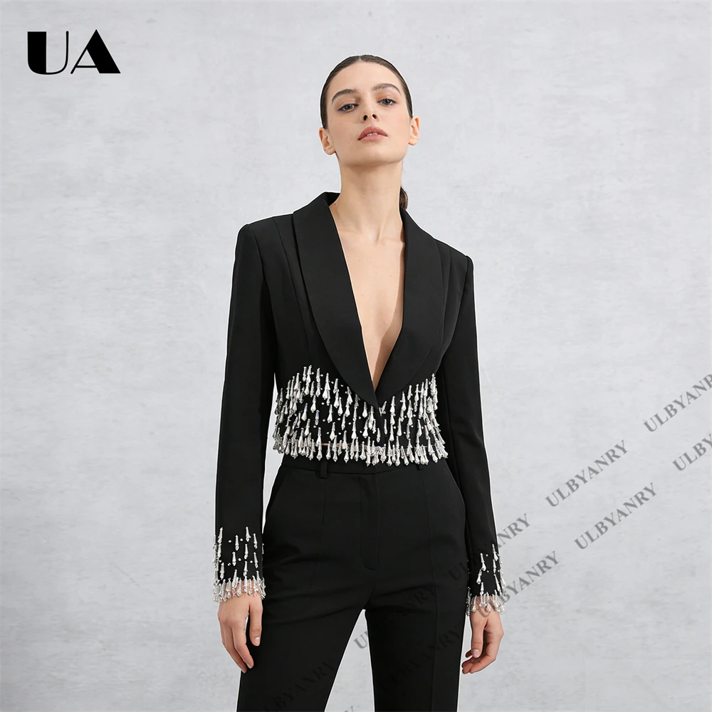 ULBYANRY 2026 Spring Black Cropped Tuxedo Blazer with Crystal Fringe Trim for Gala Dinner Dramatic Bold Suit Jacket Prom Party