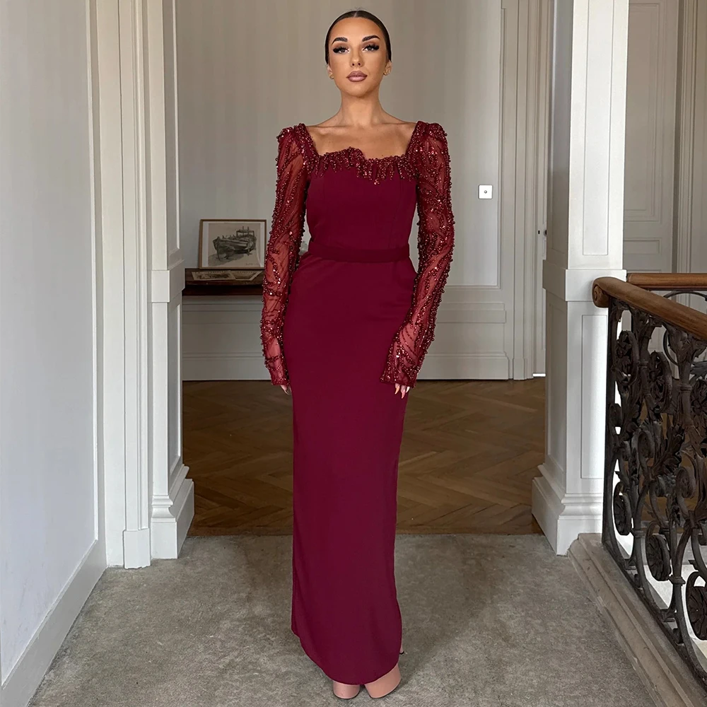 

Dubai Burgundy Straight Beading Long Sleeves Evening Dress Customized Square Collar Back Slit Celebration Formal Prom Dresses