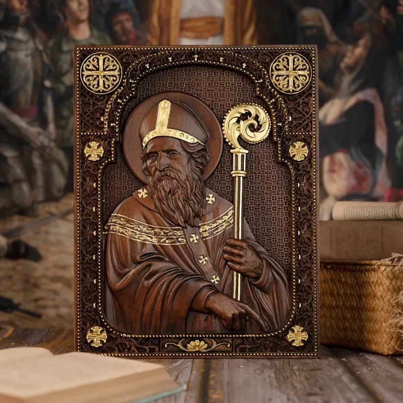 Vintage Religious Wooden Carved Saint Patrick Square Plaque Catholic Saint Home Living Wall Decor