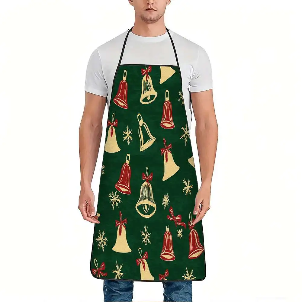 1pc Christmas Bells & Snowflakes Print Apron with Jingle Bells - Adjustable Waistband, Durable Easy-Clean Polyester Suitable for