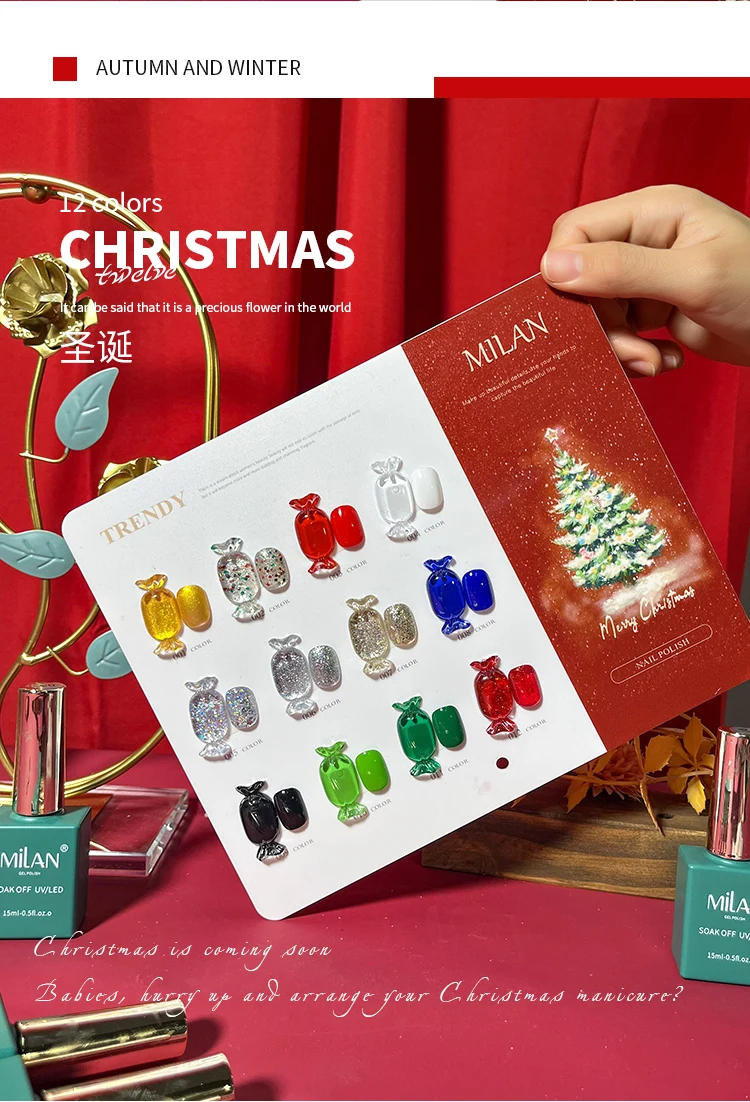 Milan 12 Kleuren Kerst Nail Gel Set Nail Art Kit 2024 Nieuwe Niet-Eoxische Uv Gel Nagel Salon Eco-Vriendelijke Groentelijm Groothandel