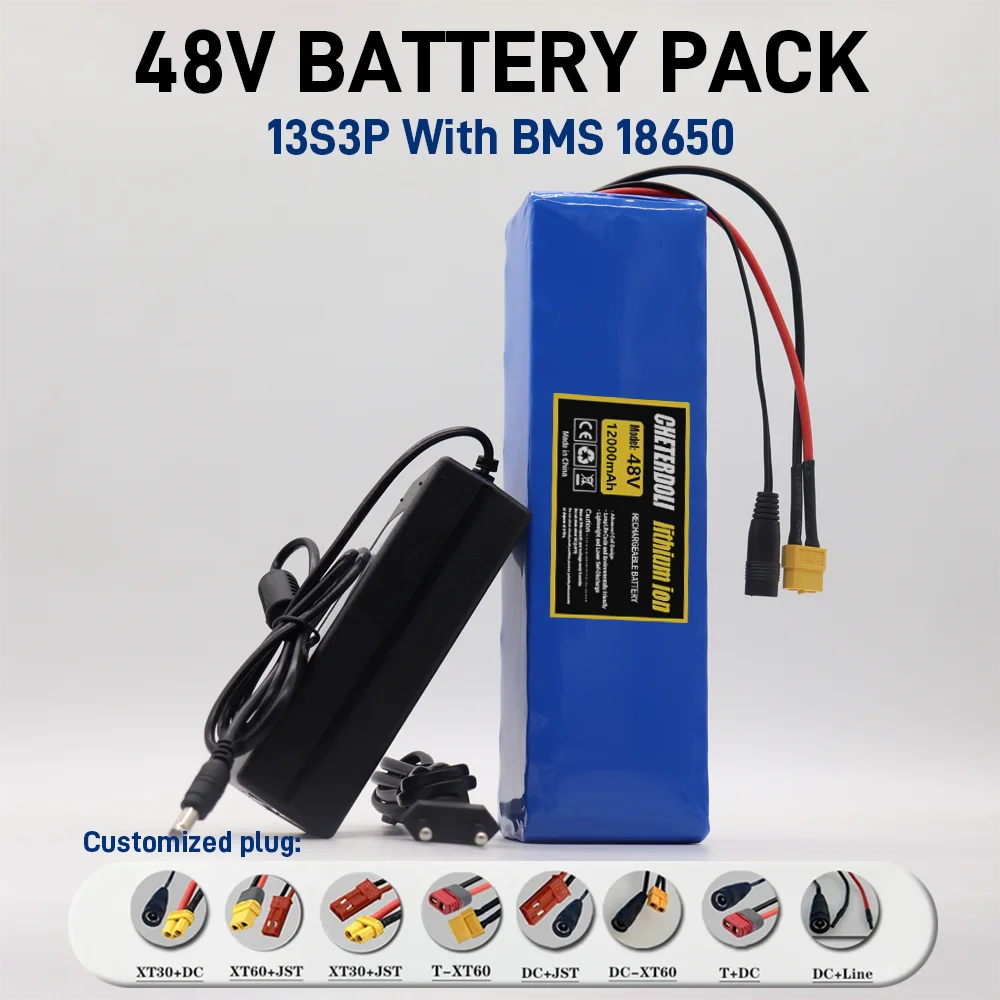 New 48V 12000mAh 2000W 13S3P DC/T Lithium Ion Battery Pack Suitable for 48V motors with BMS+54.6V Charger