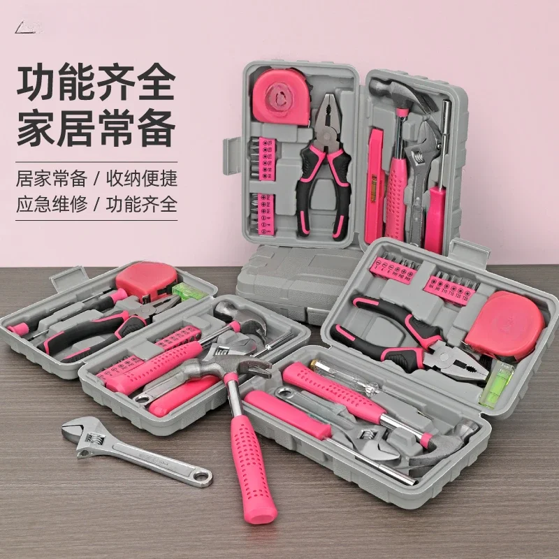 Household Toolbox Hardware Wrench Screwdriver Pliers Daily Home Multifunctional Repair Pink Set