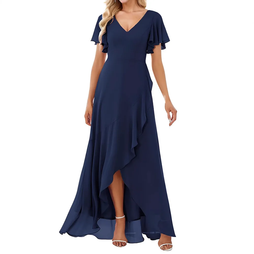 

2025 V Neck Irregular Prom Dresses Butterfly Sleeves Long Dresses Split Asymmetrical Ruffle Hemline Wedding Party Evening Gowns