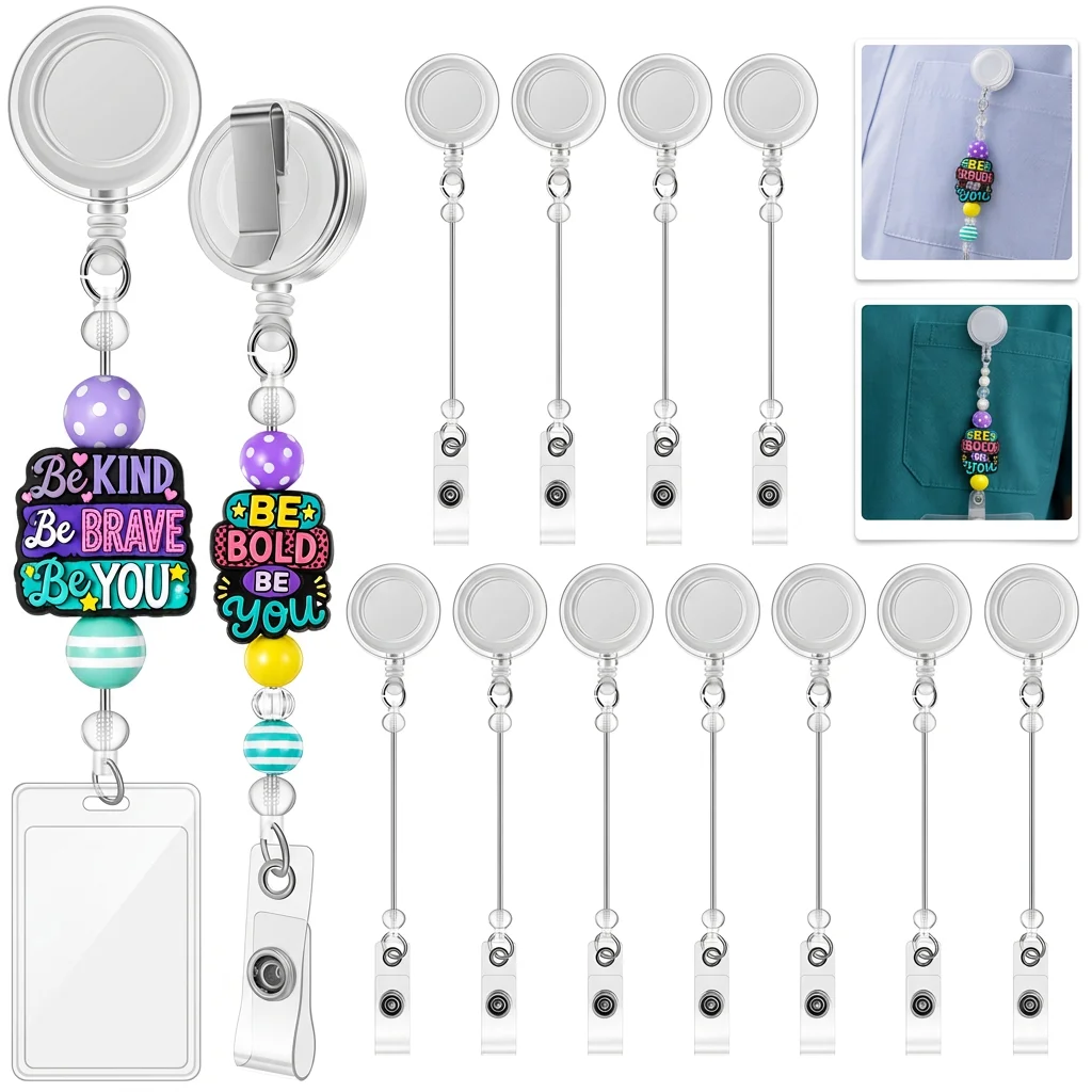 15Pcs Alligator Clip Retractable Badge Holder Heavy Duty Beadable Badge Reel ID Holder for ID Card Carabiner Key Card Work Badge