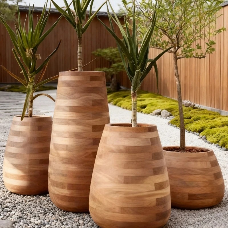 Fiberglass imitation wood grain flower pot combination outdoor courtyard decoration ornament circular