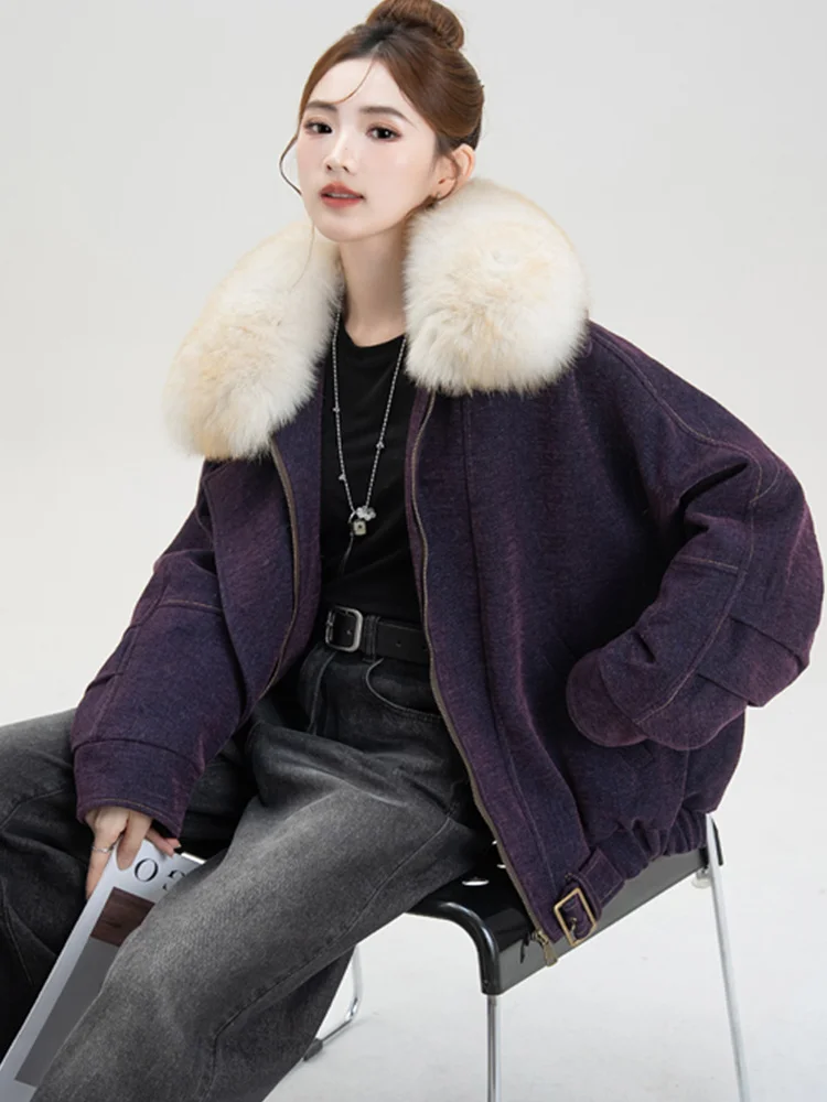 

New Fashion Winter Warm Women Real Natural Fox Fur Collar Goose Down Jackets Puffer Parka Jackets Thick Outwear