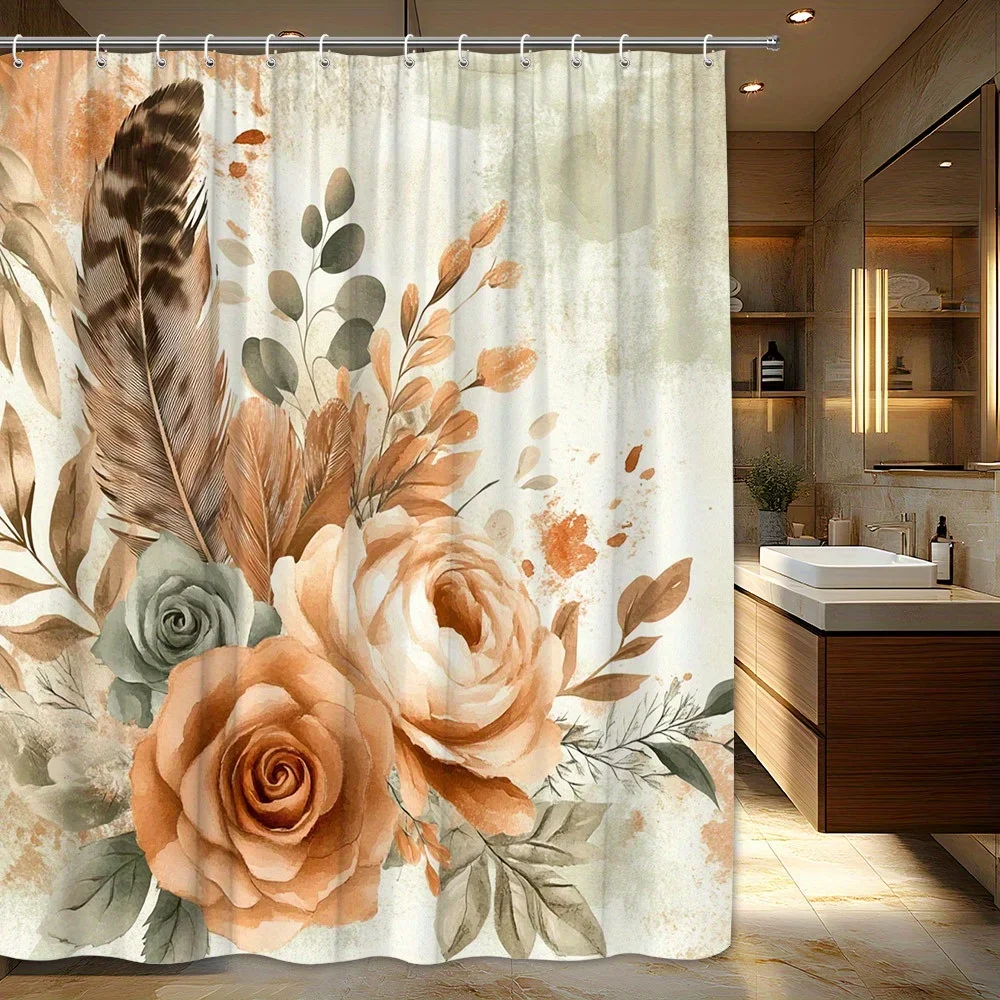 

1 шт., винтажная занавеска для душа с цветочным рисунком и перьями — персиковые и коралловые розы, смещенные коричневые и зеленые, элегантный декор для ванной комнаты