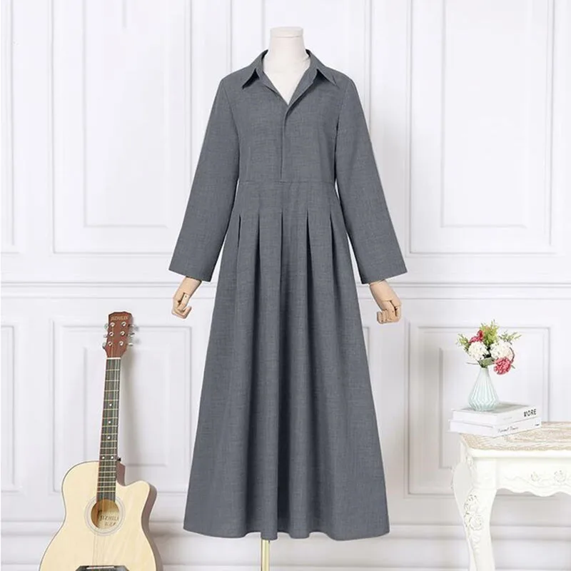 L-5XL 2022 Mới Đồng Màu Đầm Ve Áo Khoác Thu Xuân Thu Beltless Rời Plus Kích Thước Linen Dress Coa Đầm Dự Tiệc