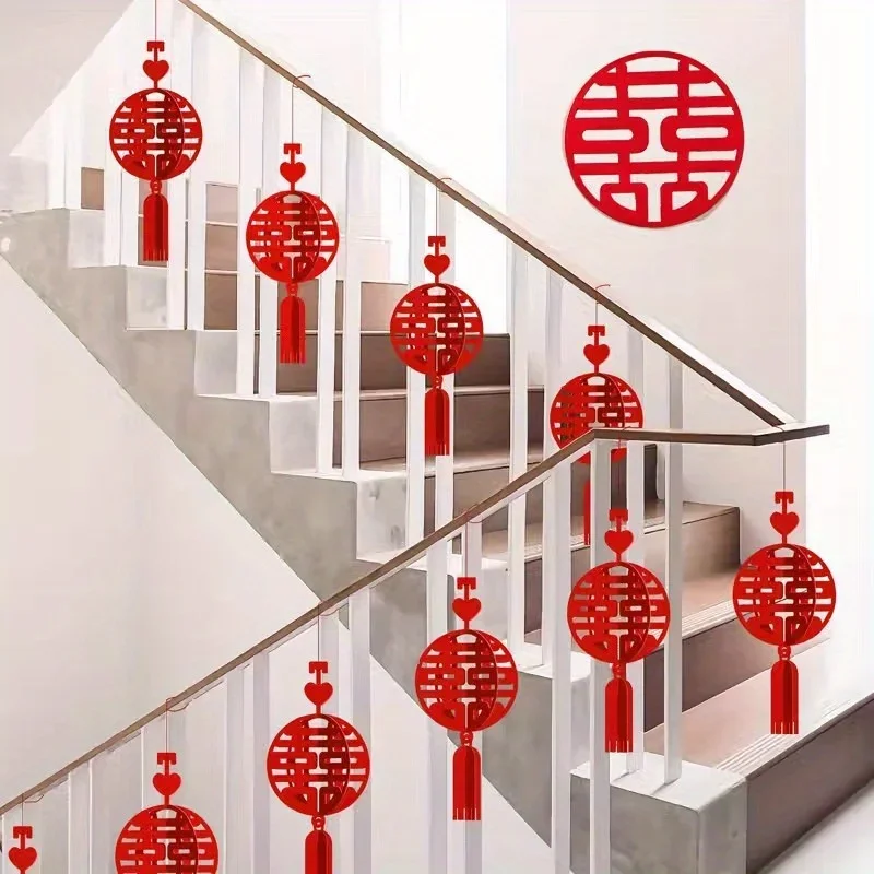 10pcs Chinese-Style Lanterns with Tassels - Romantic Wedding Staircase Decor for Newlyweds Ceremony Reception Staircase Decor