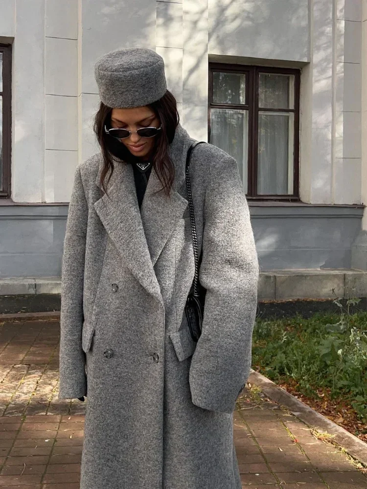 Casaco de lã longo trespassado feminino com bolsos, sobretudo de lapela cinza, mangas compridas, casacos de senhora na rua, casaco elegante, novo, outono, 2022