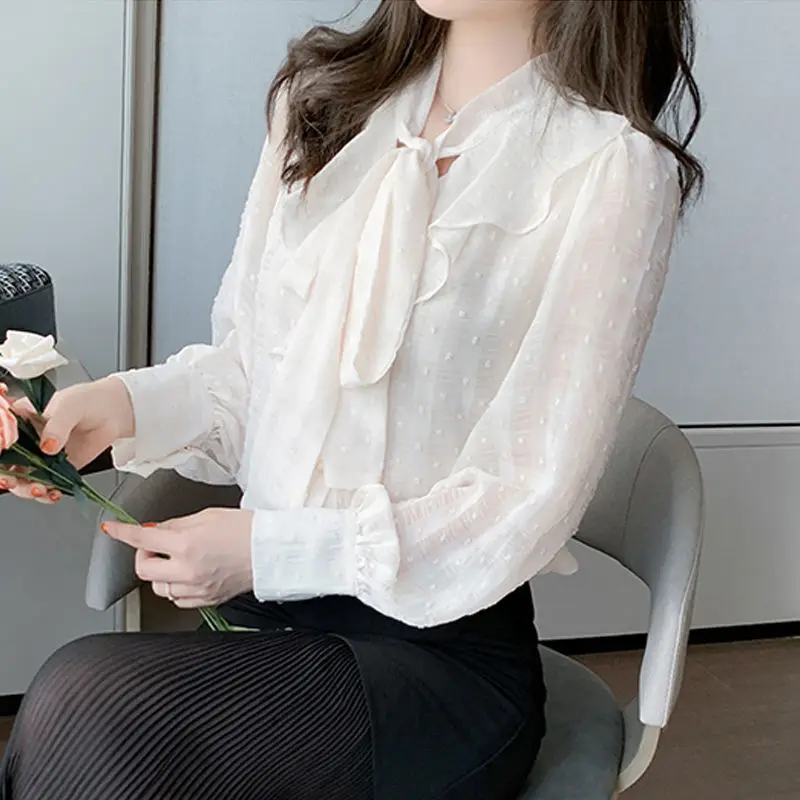 Elegant V-Neck Lantern Sleeve Spliced Ruffles Bow Chiffon Shirt Commute Tops Summer and Autumn Sweet Women's Clothing Blouses