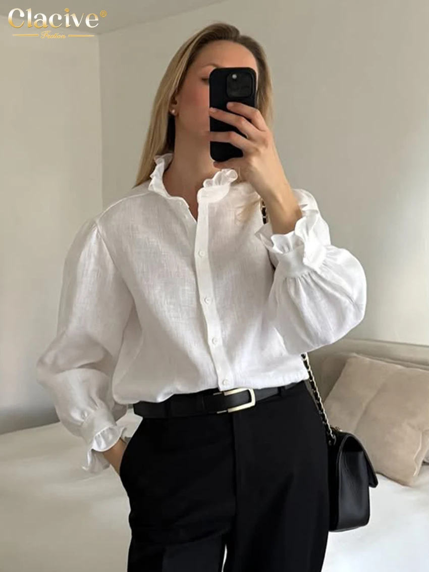 

Clacive Fashion Loose White Cotton Women's Shirt 2026 Casual Stand Collar Long Sleeve Blouse Elegant Classic Top Female Clothing