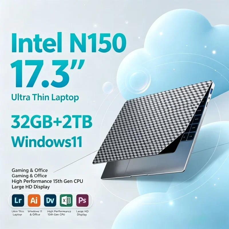 17.3 ‘’HD Large Display Notebook Intel N150 32GB RAM 2TB SSD Win11 WiFi6 BT5.2 Fast Boot Portable Laptop For Home Daily Office