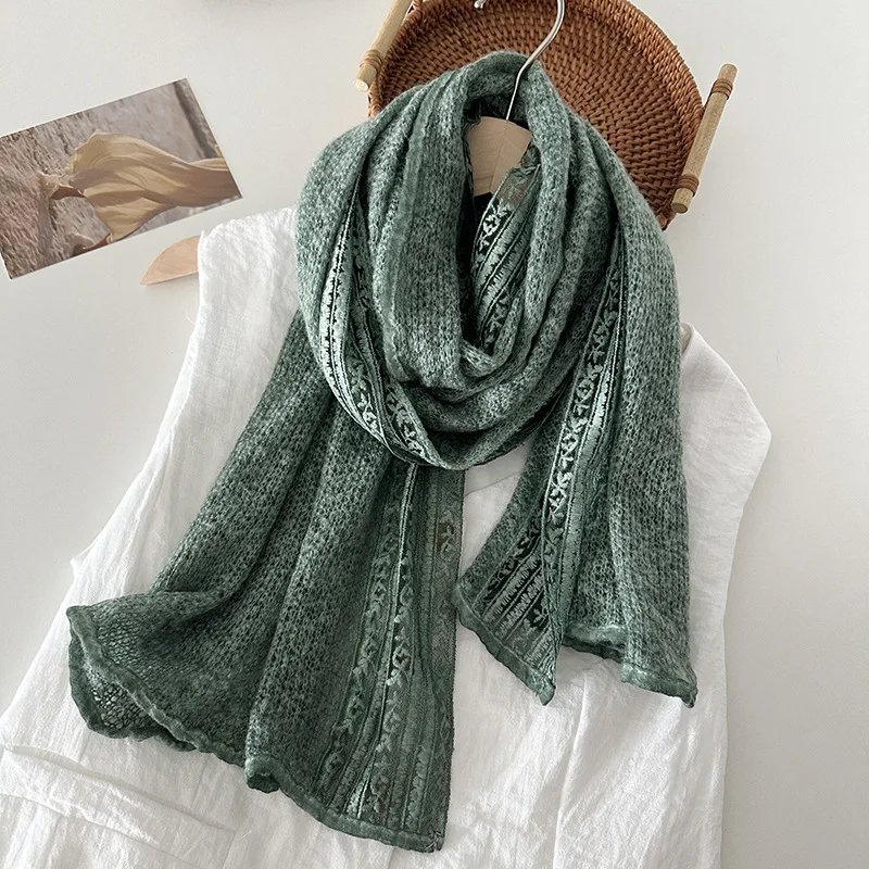 

Korean niche lace-trimmed artistic solid-color knit linen scarf for women, shawl, vintage warm travel gauze scarf